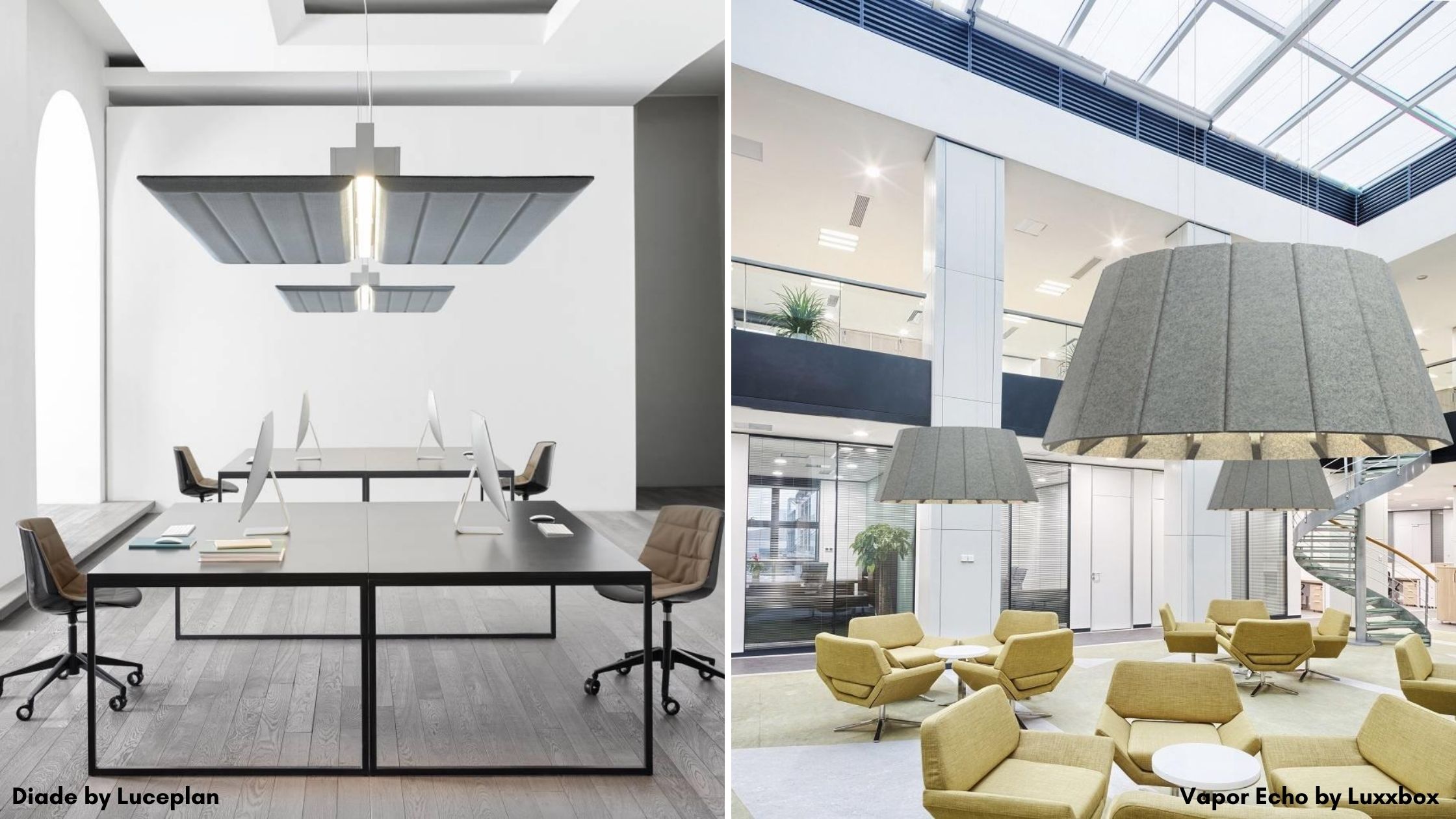 Grey rectangular and circular acoustic light fixtures suspended from ceilings over shared workstations and lounge chairs 